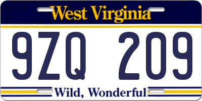 WV license plate 9ZQ209