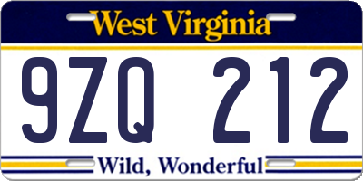 WV license plate 9ZQ212