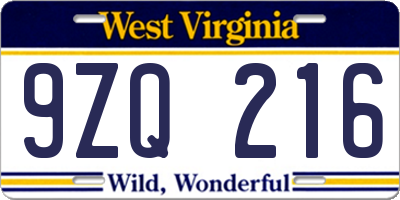 WV license plate 9ZQ216