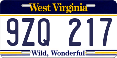 WV license plate 9ZQ217
