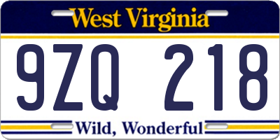 WV license plate 9ZQ218