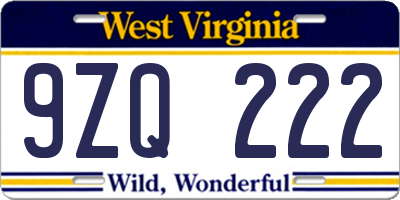 WV license plate 9ZQ222