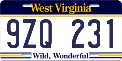 WV license plate 9ZQ231