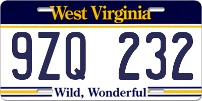 WV license plate 9ZQ232