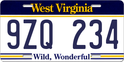 WV license plate 9ZQ234
