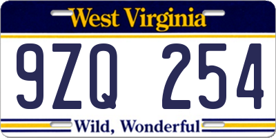 WV license plate 9ZQ254