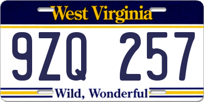 WV license plate 9ZQ257