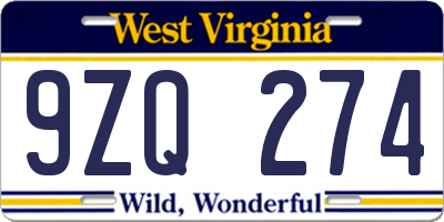 WV license plate 9ZQ274