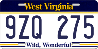 WV license plate 9ZQ275