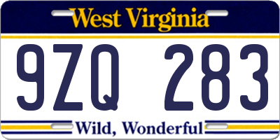 WV license plate 9ZQ283