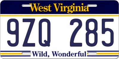 WV license plate 9ZQ285
