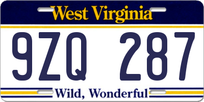 WV license plate 9ZQ287