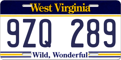 WV license plate 9ZQ289