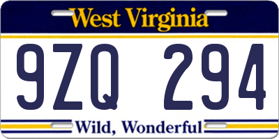 WV license plate 9ZQ294