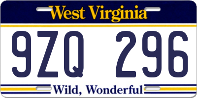 WV license plate 9ZQ296