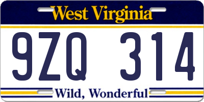WV license plate 9ZQ314