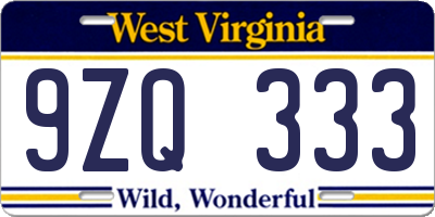 WV license plate 9ZQ333