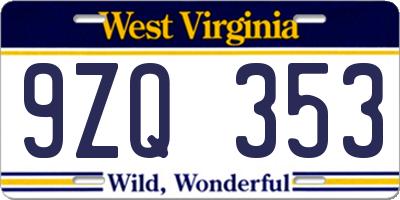 WV license plate 9ZQ353