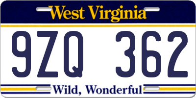 WV license plate 9ZQ362
