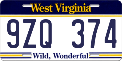 WV license plate 9ZQ374