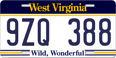 WV license plate 9ZQ388