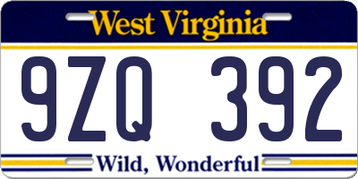 WV license plate 9ZQ392