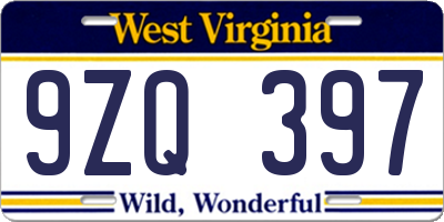 WV license plate 9ZQ397