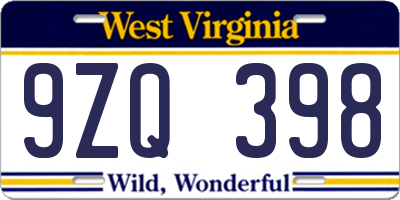 WV license plate 9ZQ398