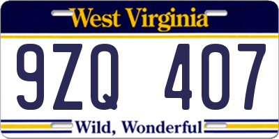 WV license plate 9ZQ407