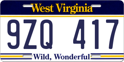 WV license plate 9ZQ417