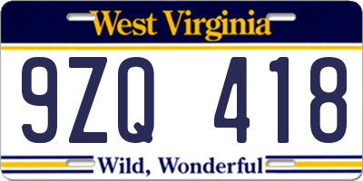 WV license plate 9ZQ418