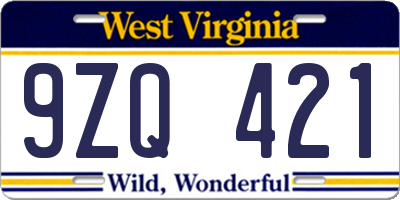 WV license plate 9ZQ421