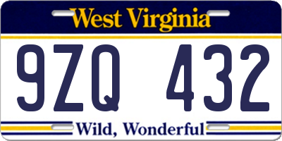 WV license plate 9ZQ432