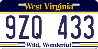 WV license plate 9ZQ433