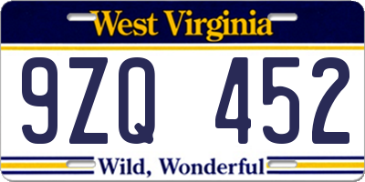 WV license plate 9ZQ452
