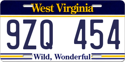 WV license plate 9ZQ454