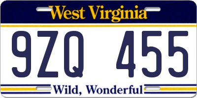 WV license plate 9ZQ455
