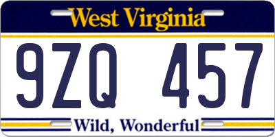 WV license plate 9ZQ457