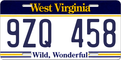 WV license plate 9ZQ458