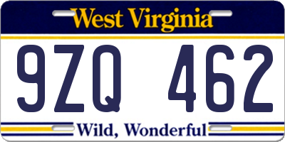 WV license plate 9ZQ462