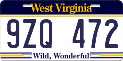 WV license plate 9ZQ472