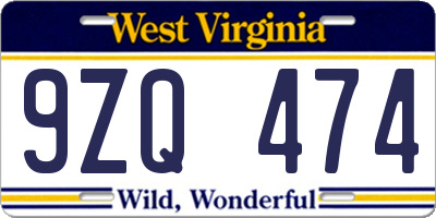 WV license plate 9ZQ474