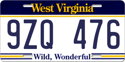 WV license plate 9ZQ476