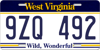 WV license plate 9ZQ492