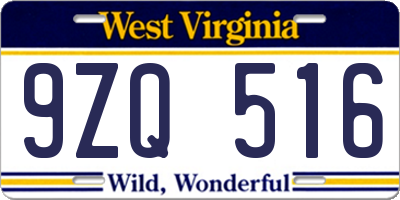 WV license plate 9ZQ516