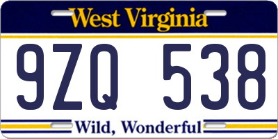 WV license plate 9ZQ538