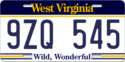 WV license plate 9ZQ545