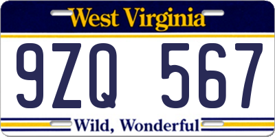 WV license plate 9ZQ567