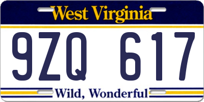 WV license plate 9ZQ617
