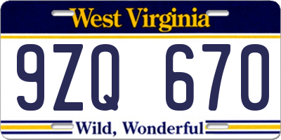 WV license plate 9ZQ670